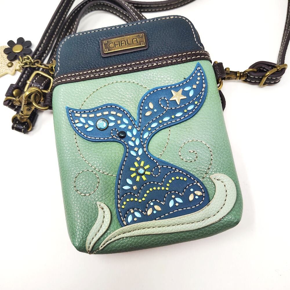 Chala Dazzled Fish Tail Phone Crossbody Bag Purse Blue Brown Zip Wallet - Picture 2 of 10